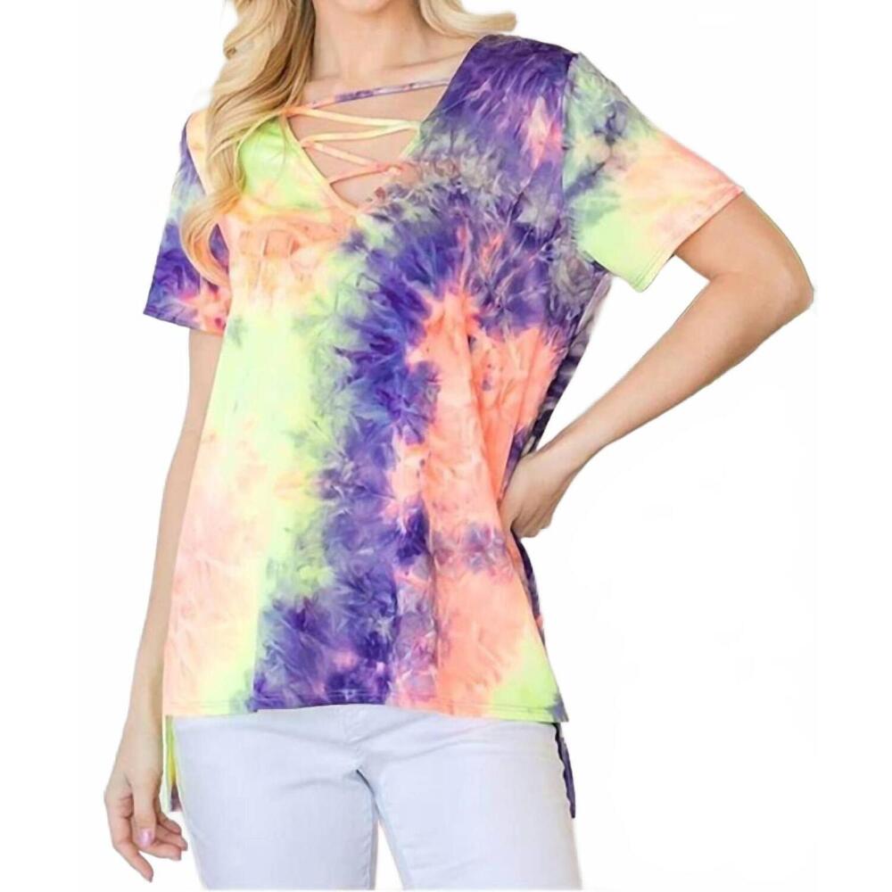 NEW CY FASHION tie dye crisscrossed top in coral/purple